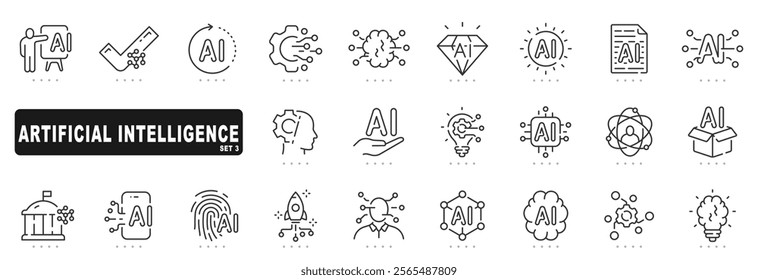 Set of artificial intelligence related line icons. Brain, tech, network etc. Editable stroke. Set 3
