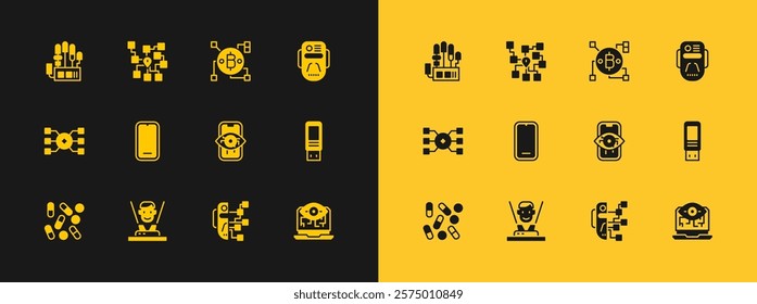 Set Artificial intelligence robot, Hologram, Computer vision, Humanoid, Mobile phone, Blockchain technology Bitcoin, Mechanical hand and Neural network icon. Vector