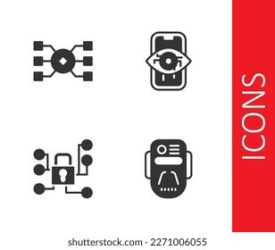 Set Artificial intelligence robot, Neural network, Cyber security and Computer vision icon. Vector