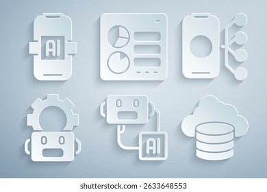 Definir robô de inteligência artificial, rede neural, configuração de robô, banco de dados de nuvem, interface de api do computador e ícone AI. Vetor
