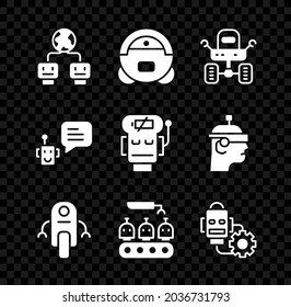 Set Artificial intelligence, Robot vacuum cleaner, Mars rover, Industrial production of robots, setting, Bot and low battery charge icon. Vector