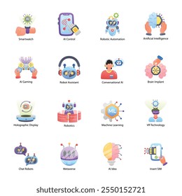 Conjunto de ícones planos de inteligência artificial e robótica  

