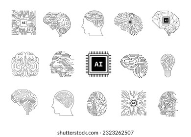 Set of artificial intelligence symbol. Element of technology with printed circuit board concept