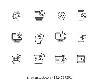 Conjunto de ícones de tecnologia de inteligência artificial com design linear em um fundo branco