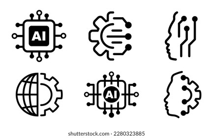 Set of artificial intelligence vector icons. Human head with microchip and digital gear. Artificial brain.