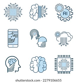 Set of Artificial Intelligence Vector Line Icons, Face Recognition, Android, Humanoid Robot, Thinking Machine. Editable Stroke vector