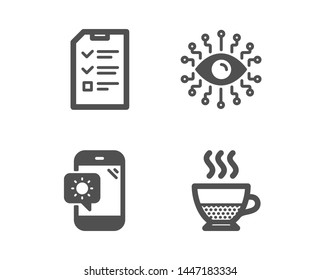Set of Artificial intelligence, Weather phone and Interview icons. Doppio sign. All-seeing eye, Travel device, Checklist file. Coffee drink.  Classic design artificial intelligence icon. Flat design