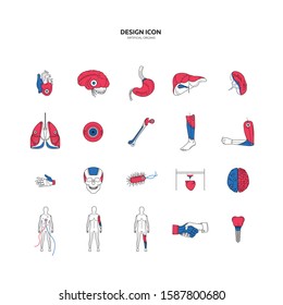 Set of artificial organs icons heart, brain, stomach, liver, spleen, lungs, eye, prosthetic arm, legs, prosthetic tooth, for mobile applications of medical clinic, websites. Vector illustration