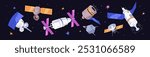 Set of artificial satellites of Earth fly in starry sky. Banner with galaxy background and spacecrafts. Different shuttles, cosmic stations with solar panels in outer space. Flat vector illustration