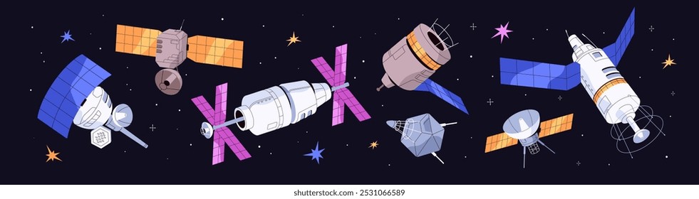 Set of artificial satellites of Earth fly in starry sky. Banner with galaxy background and spacecrafts. Different shuttles, cosmic stations with solar panels in outer space. Flat vector illustration