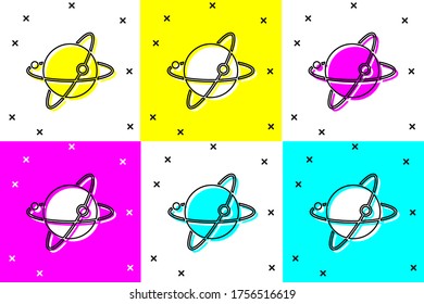 Set Artificial satellites orbiting the planet Earth in outer space icon isolated on color background. Communication, navigation concept.  Vector Illustration