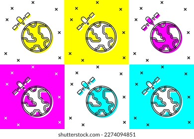 Set Artificial satellites orbiting the planet Earth in outer space icon isolated on color background. Communication, navigation concept.  Vector