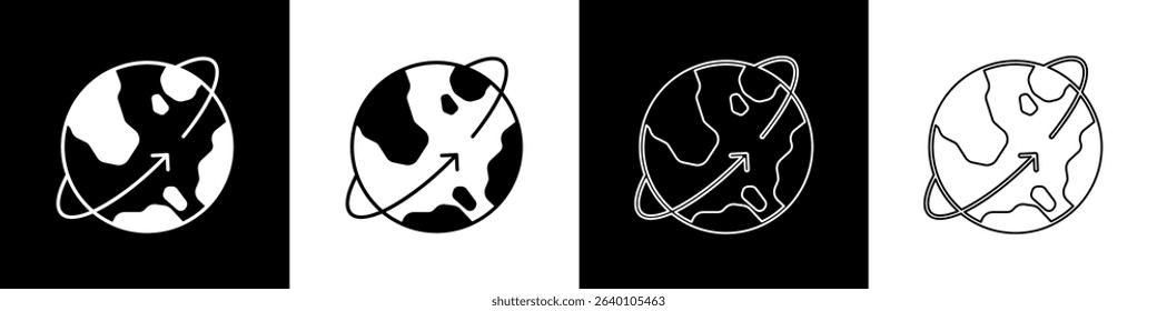 Set Artificial satellites orbiting the planet Earth in outer space icon isolated on black and white background. Communication, navigation concept.  Vector