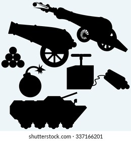 Set artillery, cannon, tank and bombs. Isolated on blue background. Vector silhouettes