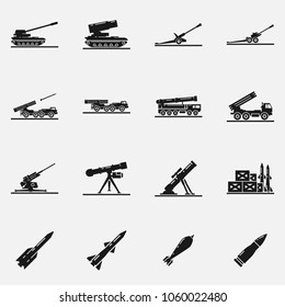 Set Of Artillery Flat Vector Icons. Includes Such Elements As Multiple Launch Rocket Systems, Mortar, Howitzer, Missiles, Bombs And Other Military Equipment.