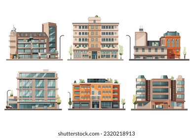 Conjunto de edificios artesanales. Magnífica ilustración de dibujos animados con un conjunto de edificios de diseño llano con encanto en un ambiente creativo y animado. Ilustración vectorial.