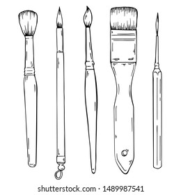 Conjunto de pinceles de artista aislados sobre fondo blanco. Ilustración vectorial dibujada a mano.