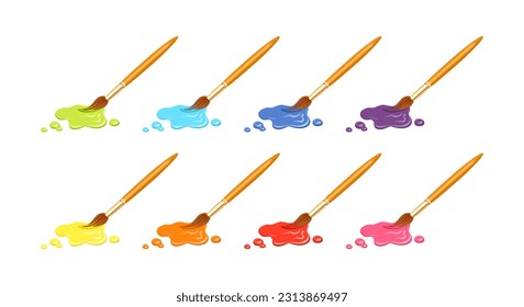 Set of Artist brushes and spots of paint of different colors. Icons of tool for drawing. Vector cartoon flat illustration.
