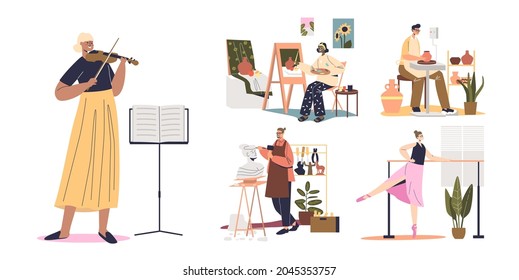 Set of artist with creative activities and occupations: playing violin, making pottery, sculpting, dancing ballet, painting. Artistic cartoon characters. Flat vector illustration