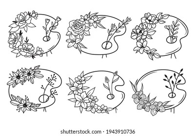 Set of artist palettes with flower. Collection of palette for the artist. Objects of art. Vector illustration for artist on white background.