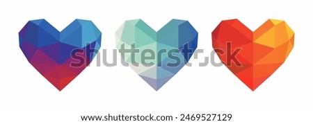 Set of artistic 3D heart shaped. Colorful mosaic hearts symbol. Low poly hearts design element. 