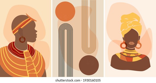 A set of artistic abstract minimalistic illustrations in the African style. A dark-skinned man in profile and a woman in a turban against a background of simple forms. The arch of the rainbow and sun