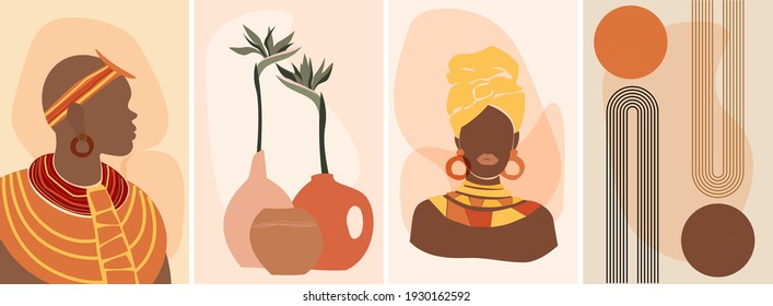 A set of artistic abstract minimalistic illustrations in the African style. A dark-skinned man in profile and a woman in a turban against a background of simple forms. The arch of the rainbow and sun