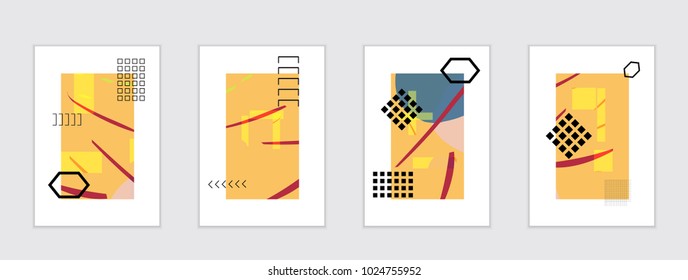 Set of artistic abstract universal card templates with simple geometric shapes and hand drawn doodle texture. Social media web banner. Bright colored isolated on white background cover template.