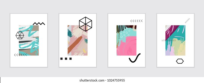 Set of artistic abstract universal card templates with simple geometric shapes and hand drawn doodle texture. Social media web banner. Bright colored isolated on white background cover template.