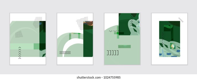 Set of artistic abstract universal card templates with simple geometric shapes and hand drawn doodle texture. Social media web banner. Bright colored isolated on white background cover template.