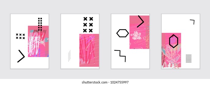 Set of artistic abstract universal card templates with simple geometric shapes and hand drawn doodle texture. Social media web banner. Bright colored isolated on white background cover template.