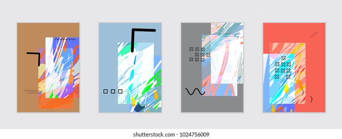 Set of artistic abstract universal card templates with simple geometric shapes and hand drawn doodle texture. Social media web banner. Bright colored isolated on white background cover template.