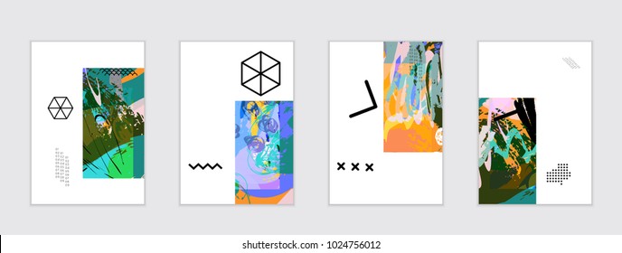 Set of artistic abstract universal card templates with simple geometric shapes and hand drawn doodle texture. Social media web banner. Bright colored isolated on white background cover template.