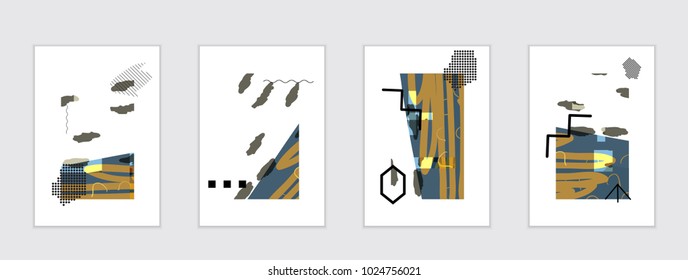Set of artistic abstract universal card templates with simple geometric shapes and hand drawn doodle texture. Social media web banner. Bright colored isolated on white background cover template.