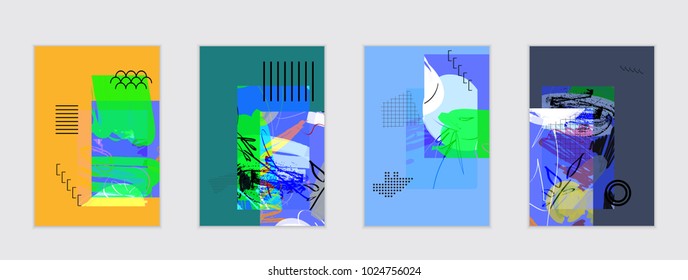 Set of artistic abstract universal card templates with simple geometric shapes and hand drawn doodle texture. Social media web banner. Bright colored isolated on white background cover template.