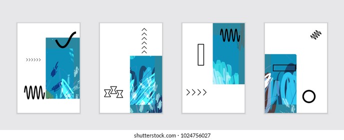 Set of artistic abstract universal card templates with simple geometric shapes and hand drawn doodle texture. Social media web banner. Bright colored isolated on white background cover template.