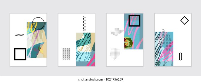 Set of artistic abstract universal card templates with simple geometric shapes and hand drawn doodle texture. Social media web banner. Bright colored isolated on white background cover template.