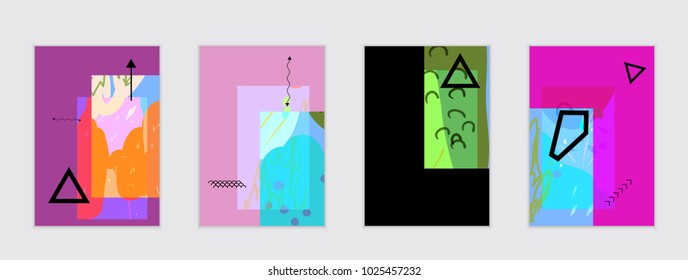 Set of artistic abstract universal card templates with simple geometric shapes and hand drawn doodle texture. Social media web banner. Bright colored isolated on white background cover template.
