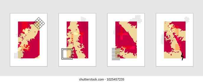 Set of artistic abstract universal card templates with simple geometric shapes and hand drawn doodle texture. Social media web banner. Bright colored isolated on white background cover template.