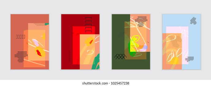 Set of artistic abstract universal card templates with simple geometric shapes and hand drawn doodle texture. Social media web banner. Bright colored isolated on white background cover template.