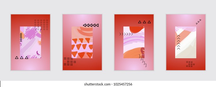 Set of artistic abstract universal card templates with simple geometric shapes and hand drawn doodle texture. Social media web banner. Bright colored isolated on white background cover template.