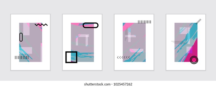 Set of artistic abstract universal card templates with simple geometric shapes and hand drawn doodle texture. Social media web banner. Bright colored isolated on white background cover template.