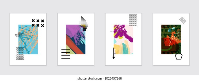 Set of artistic abstract universal card templates with simple geometric shapes and hand drawn doodle texture. Social media web banner. Bright colored isolated on white background cover template.