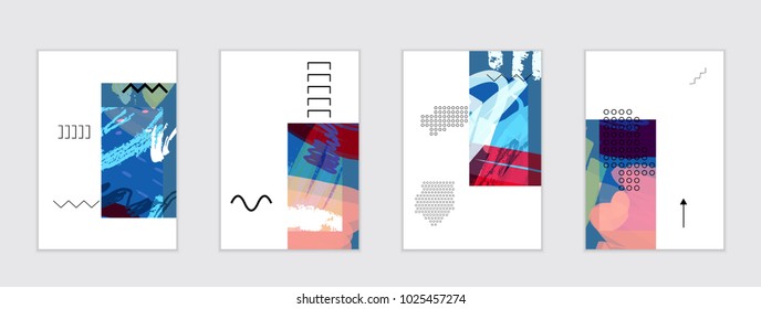 Set of artistic abstract universal card templates with simple geometric shapes and hand drawn doodle texture. Social media web banner. Bright colored isolated on white background cover template.