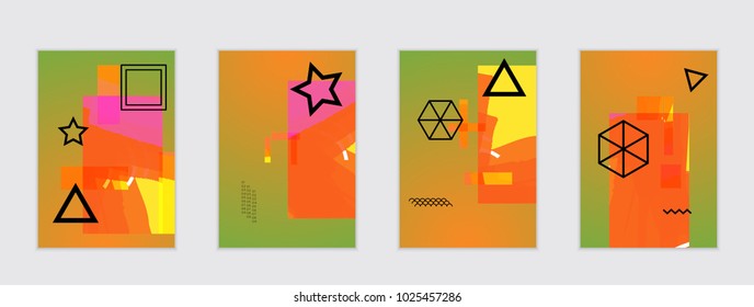 Set of artistic abstract universal card templates with simple geometric shapes and hand drawn doodle texture. Social media web banner. Bright colored isolated on white background cover template.