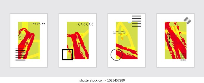 Set of artistic abstract universal card templates with simple geometric shapes and hand drawn doodle texture. Social media web banner. Bright colored isolated on white background cover template.
