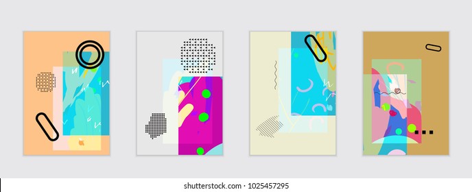 Set of artistic abstract universal card templates with simple geometric shapes and hand drawn doodle texture. Social media web banner. Bright colored isolated on white background cover template.
