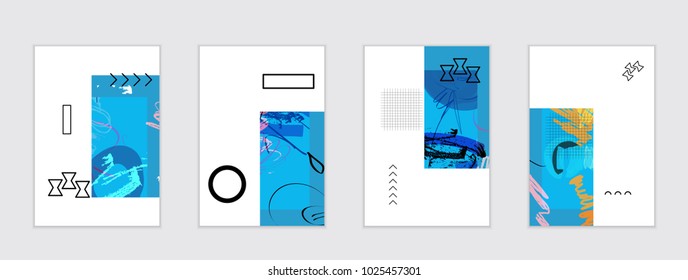 Set of artistic abstract universal card templates with simple geometric shapes and hand drawn doodle texture. Social media web banner. Bright colored isolated on white background cover template.
