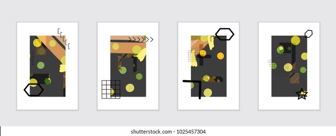 Set of artistic abstract universal card templates with simple geometric shapes and hand drawn doodle texture. Social media web banner. Bright colored isolated on white background cover template.