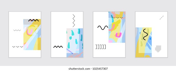 Set of artistic abstract universal card templates with simple geometric shapes and hand drawn doodle texture. Social media web banner. Bright colored isolated on white background cover template.